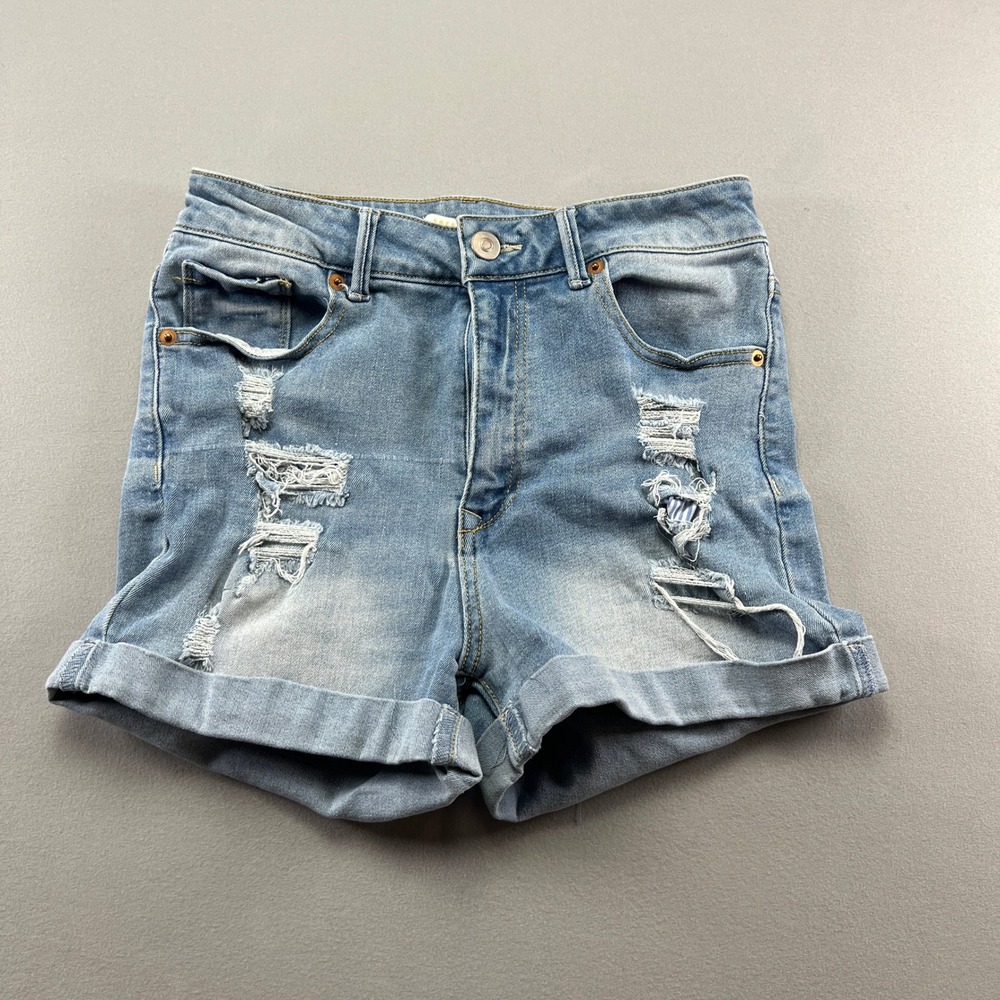 Wax Jeans Denim Cuffed Shorts Womens Medium Blue Stretch Distressed Light Wash
